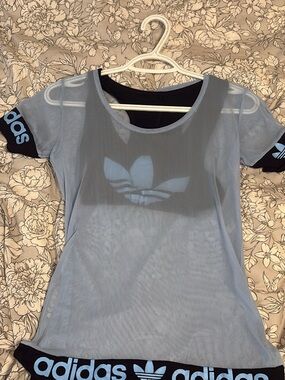 adidas Light Blue Sheer Mesh Crop Top with Black Inner Tank